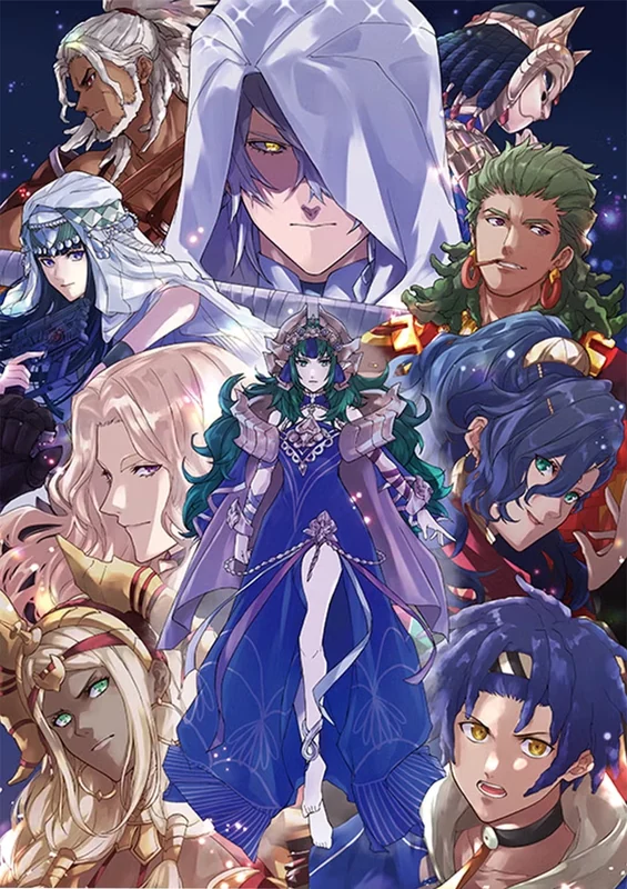 公式コミックのメインビジュアル：4人の主人公、4人の参加者、ソレルとフードの人物