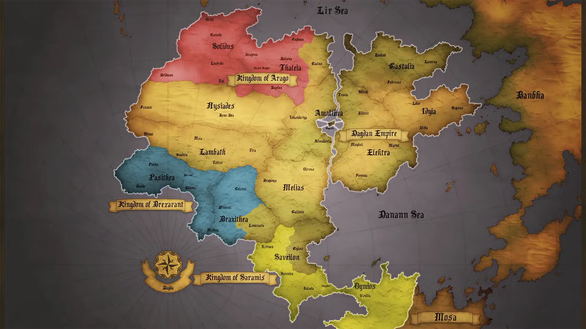 达格达大陆地图（官方）：分为达格达帝国直辖地和三个主权王国——阿拉戈、布雷扎兰特、萨拉米斯，各自标有颜色