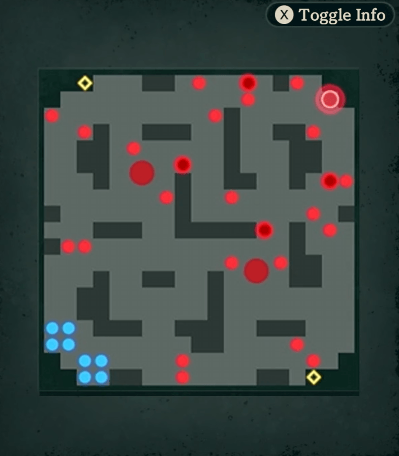 Blue dots are in the southwest corner; the large red circle to the northeast marks the boss.
