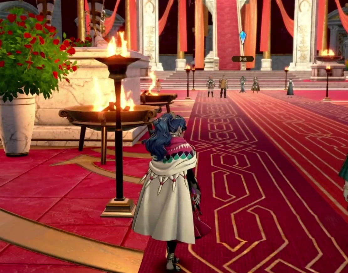 Inside Kalla's temple, Kalla's blue marker stands before the front steps.