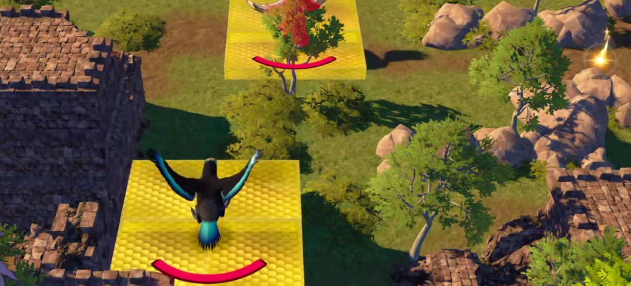 Yellow third-party birds appear on the paralogue map, with glowing cargo beside the rocks on the right.