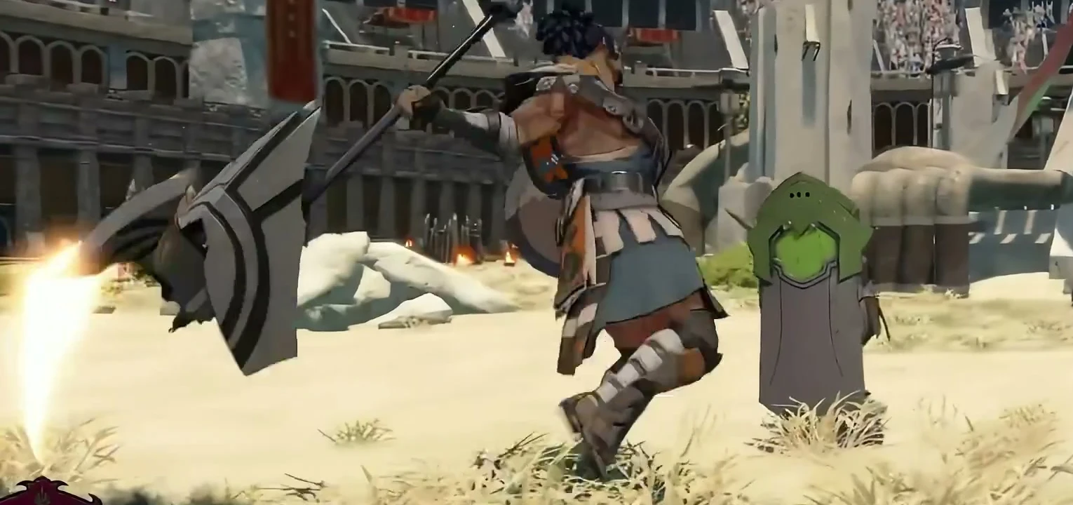 Buccar swings an axe with a shield-shaped face, with a separate shield standing beside him.