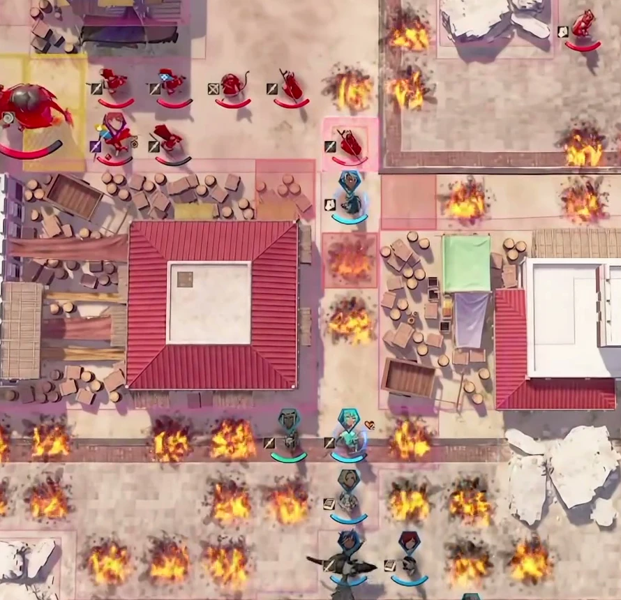 Roadblocks and burning tiles divide the kingdom's streets. Both sides must approach through the remaining narrow paths.