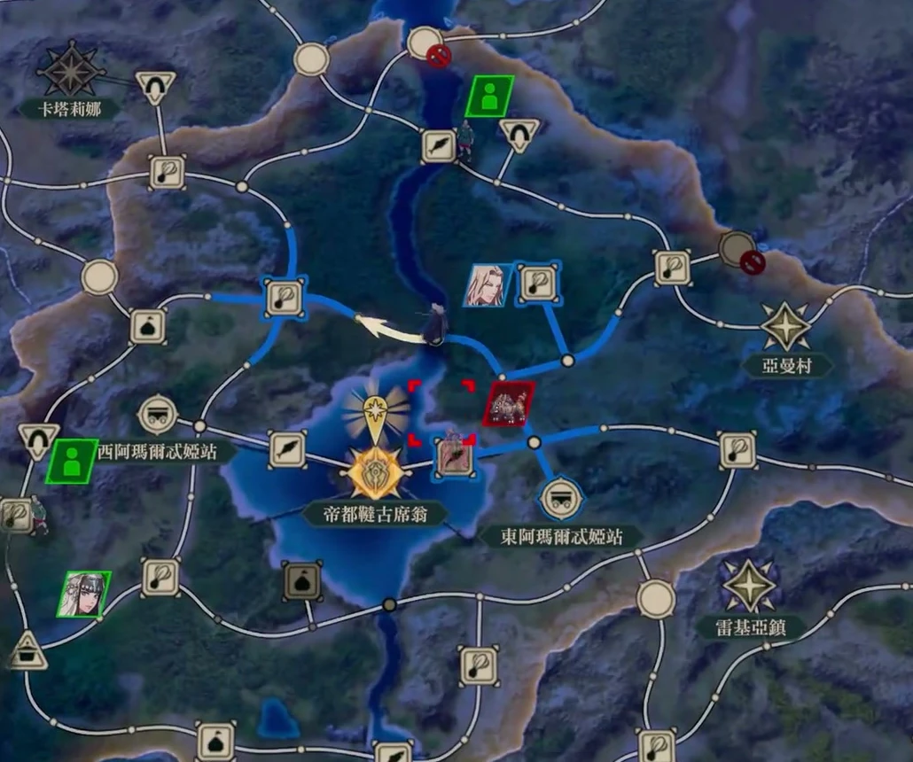 Before the scheduled main-story date, the team is still on the roads outside the Imperial Capital. The map shows both the city and the team's current position (Traditional Chinese interface).