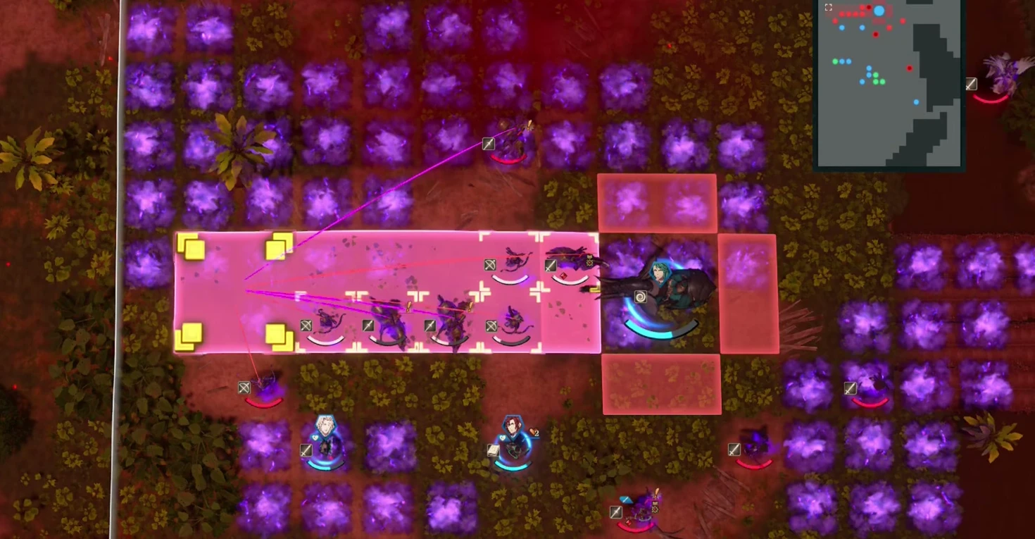 Purple terrain covers the battlefield, with units engaging enemies on both sides of the passage.