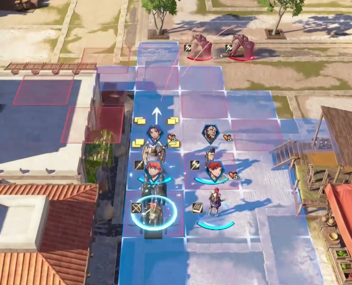 Two armored enemies in the first wave occupy the upper road. The chariot stands behind Cai, with the extra-damage ally on the right.