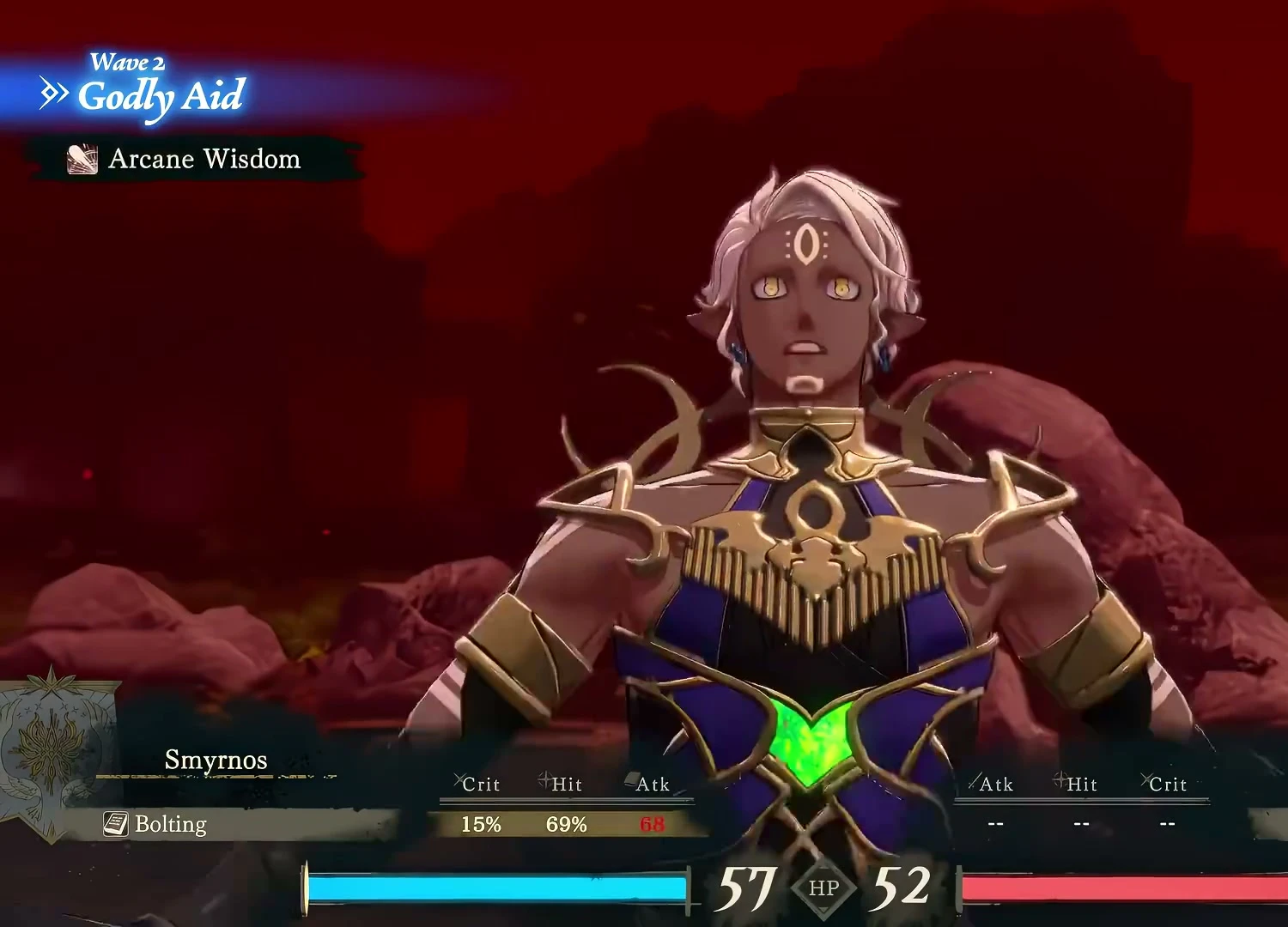 Smyrnos's battle demonstration in the Wave 2 trailer: check his name and spell menu at the bottom left and the Wave 2 label at the top left. This frame shows a previewed magic attack.