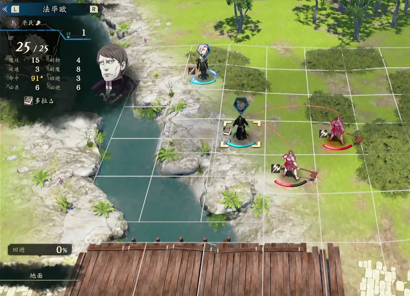Fabio stands between the coast and shrubs as two axe enemies approach from the south. Check the southern path so he does not take both attacks alone.