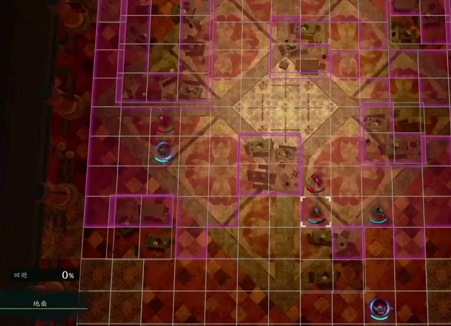 Chapter 1’s banquet hall: one unit engages on the west while three advance in layers on the east. The long central tables block movement; check purple danger tiles before moving.