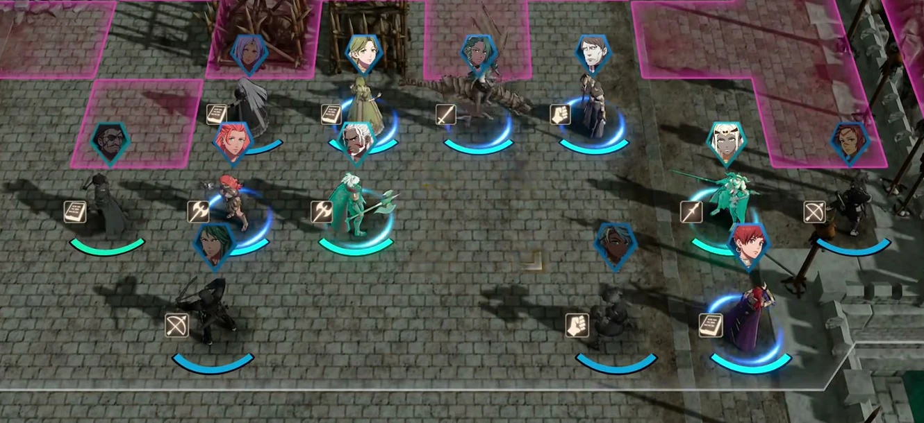 Nathan is the cavalry unit at the far right. Pink tiles ahead are already covered by enemy danger ranges; check the destination before advancing.