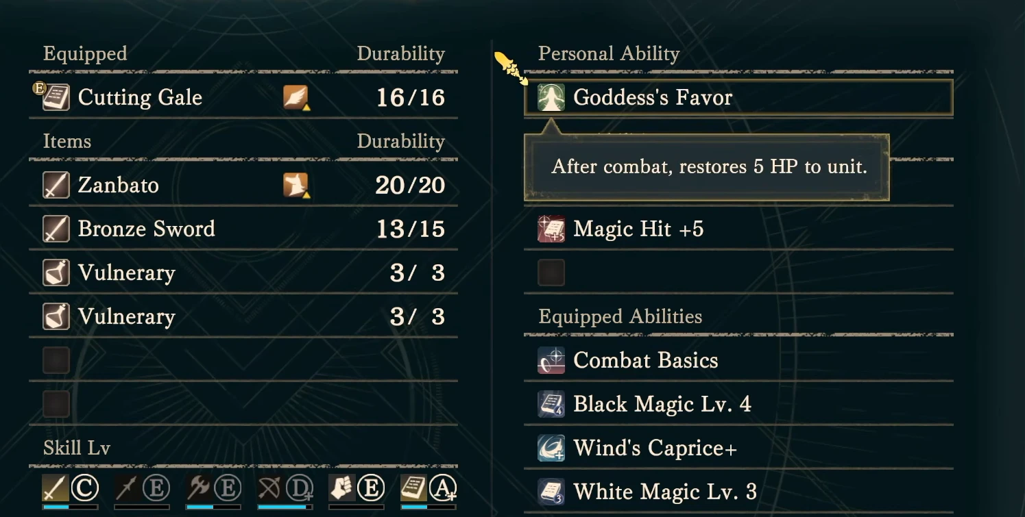 Sirocco's personal ability restores 5 HP after each combat.