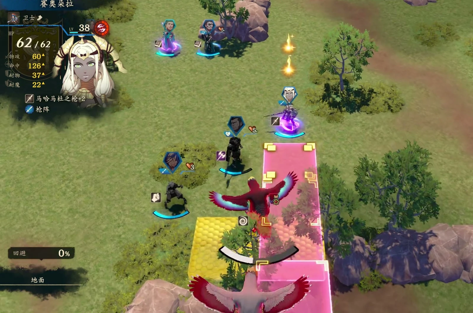 セオドラがブレイズアーツの着弾点を選択。ピンクの直線範囲が前後2体の魔鳥を通り、左上には本人のガーディアンの状態が残っています。