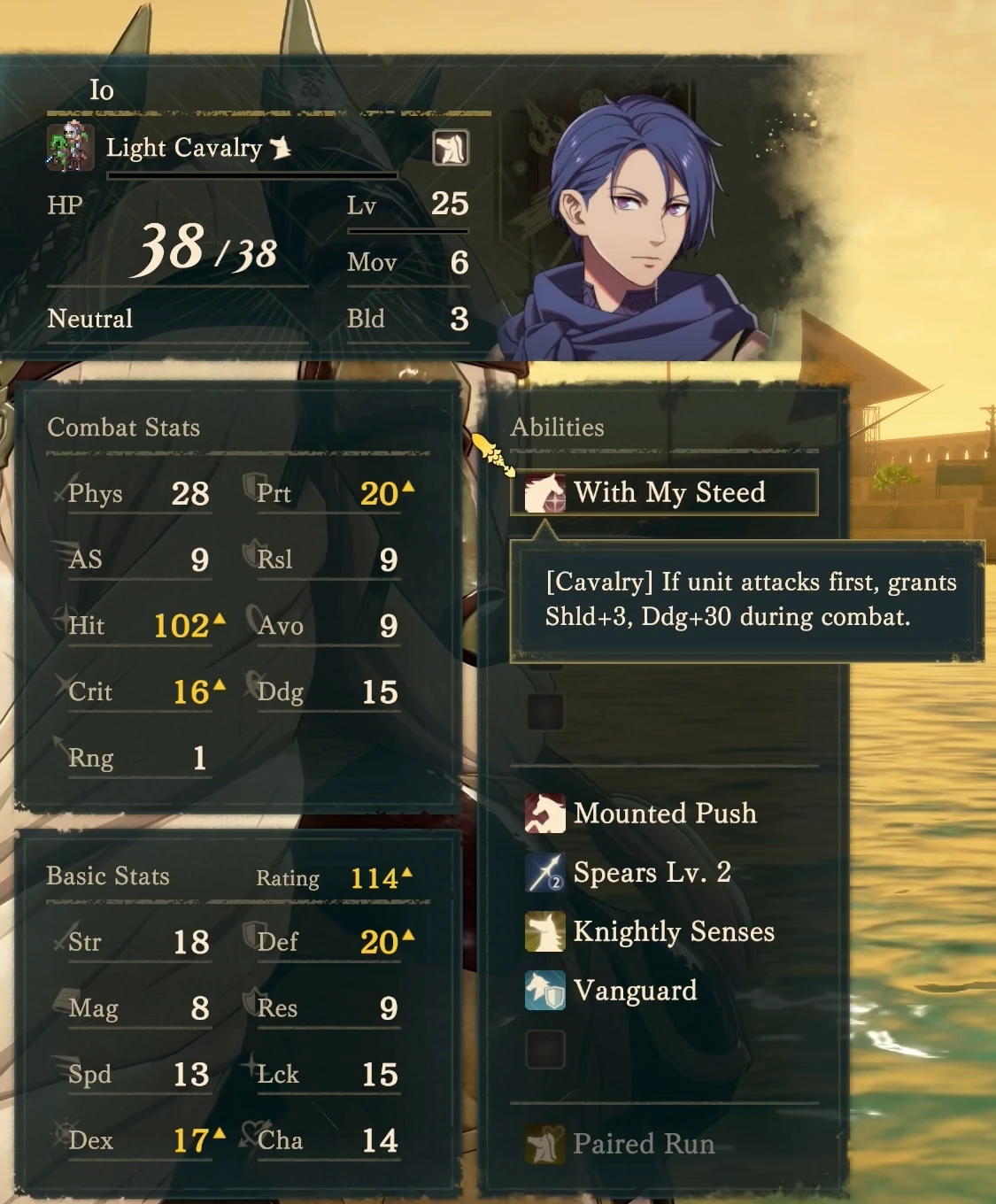 Io’s Light Cavalry status and personal-skill description: initiating while mounted grants a shield and Dodge.