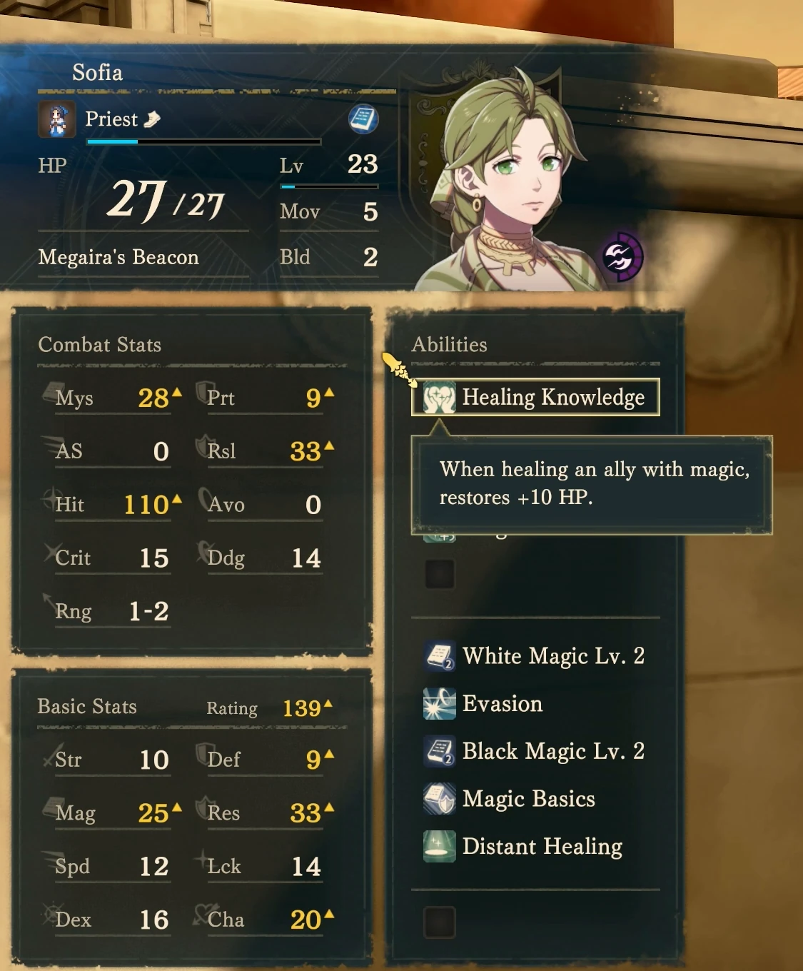 Sofia’s Priest status and healing skill: using magic to heal an ally adds 10 HP restored.