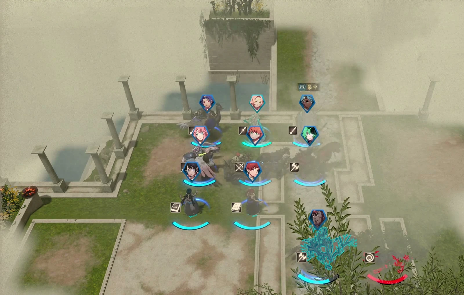 The party is grouped in the center, with a red enemy visible to the lower right. Keep the back line within your allies' protection.