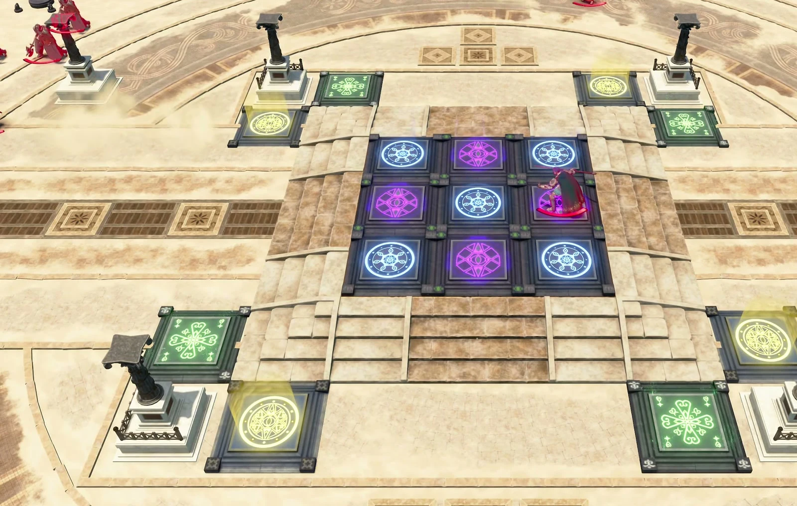 The central nine-tile floor and the surrounding separate mechanism platforms form two rings: the duel area and the outer route.