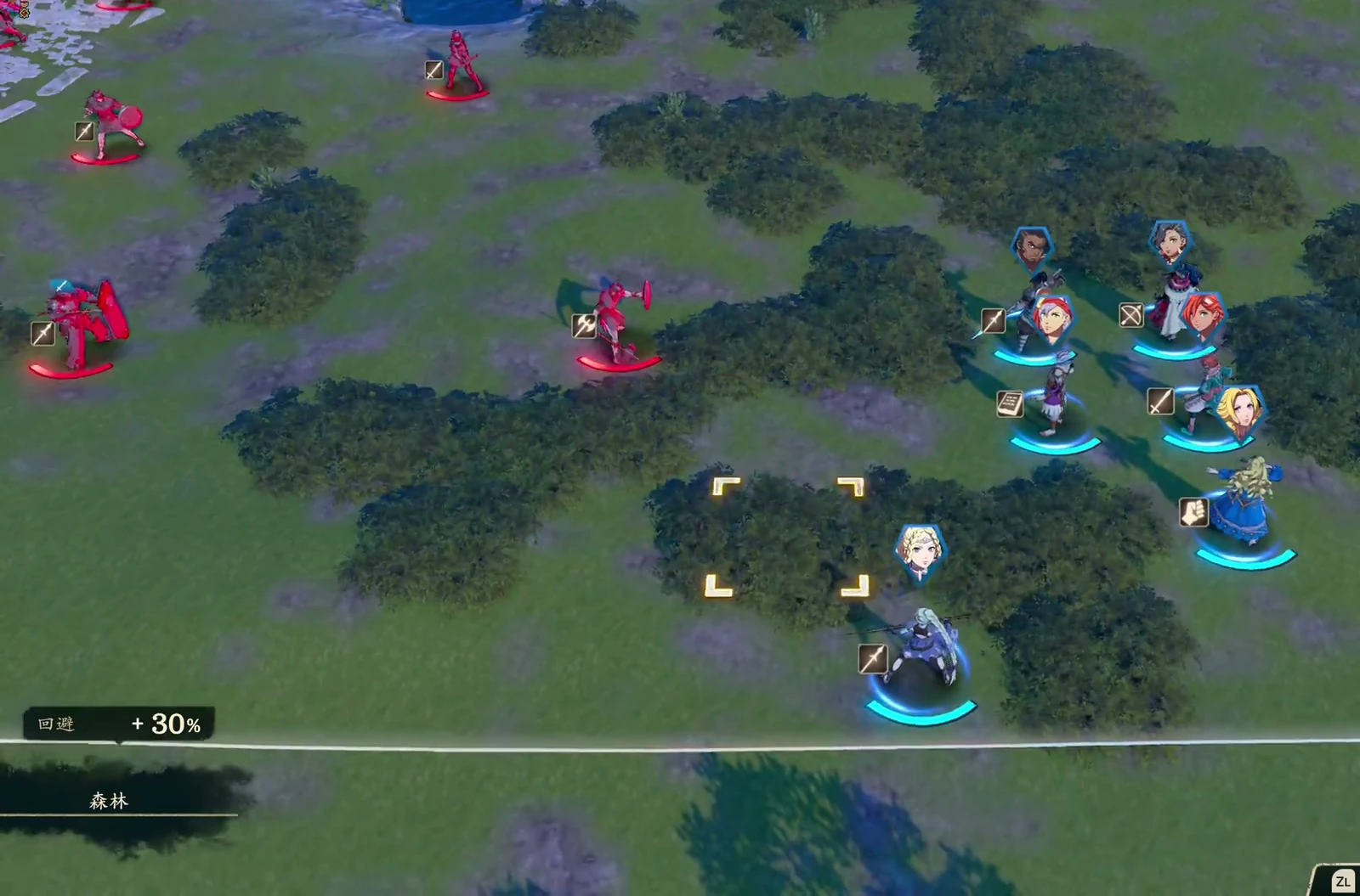 Your blue party occupies dark-green brush on the right, with open ground between them and enemies approaching from the left.