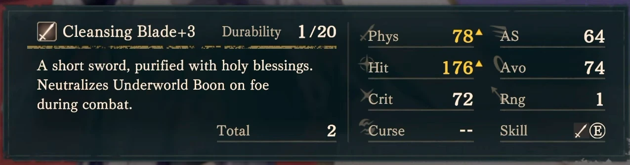 Cleansing Blade+3’s in-game description nullifies enemy Underworld Boons in combat. Current durability is 1/20.