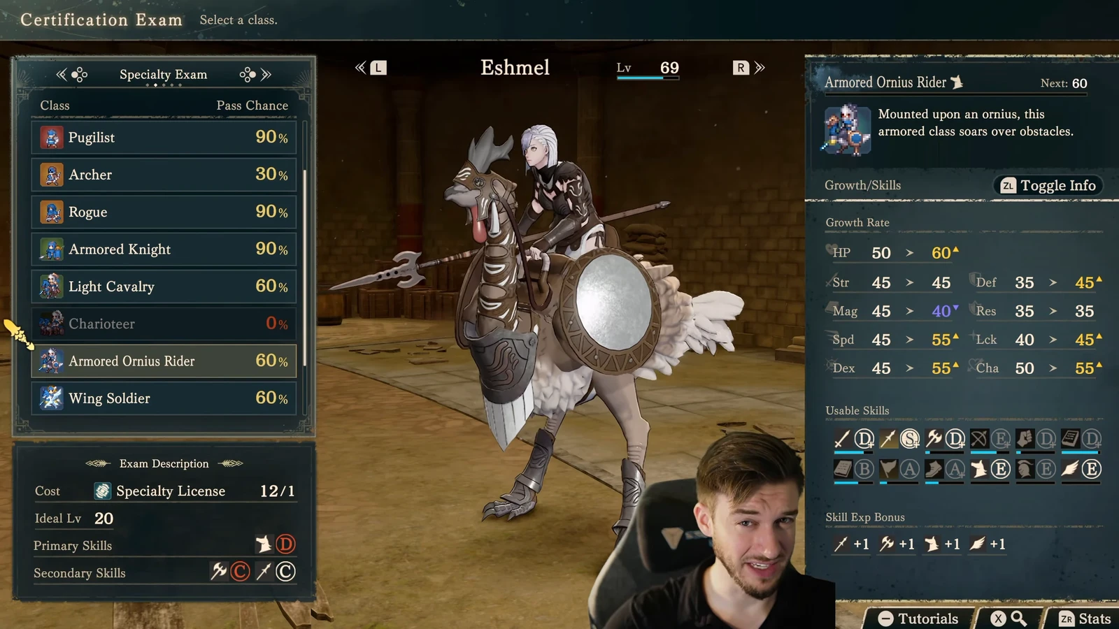 Armored Ornius Rider requirements and growths: Riding D plus Axe C or Spear C at lower left; the right shows Speed and Defense +10 percentage points each, with Strength unchanged.