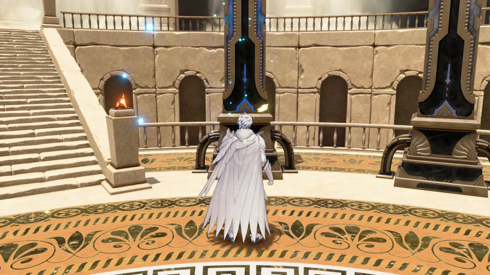 In-game footage of the Obelisk Chamber: a white-clad figure stands before an obelisk, with stairs and circular galleries to either side.