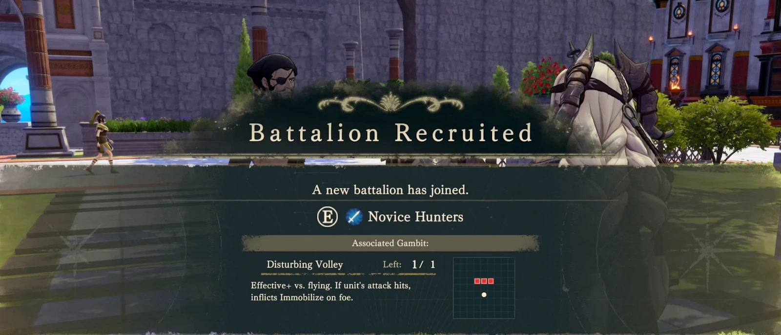 A new E-rank battalion joins. Below are its gambit effect, 1/1 remaining use, and a horizontal three-tile area.
