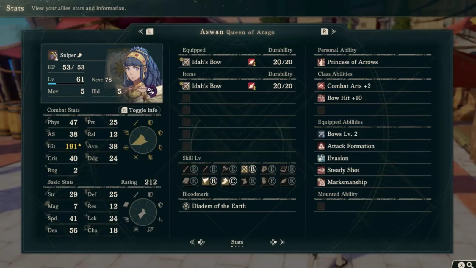Check Bow B in the lower center, then the personal, class, and equipped skill columns on the right. Before Bow A, do not include A-rank consecutive-hit arts in current damage.