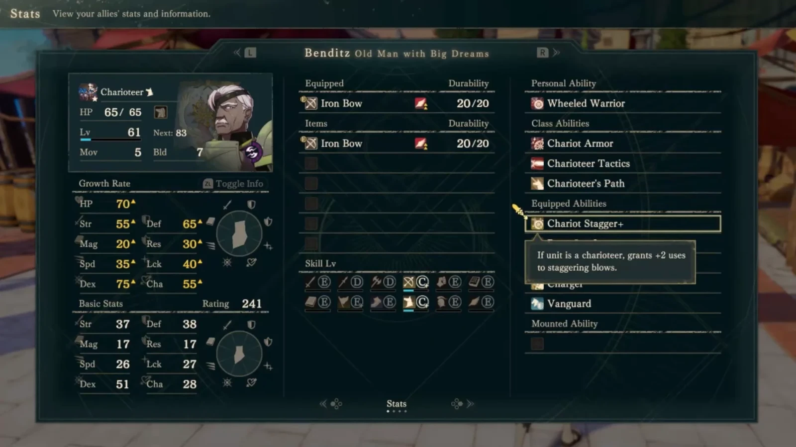Chariot Stagger+ grants 2 additional Smash uses while he is a Charioteer. His current Charioteer class appears at the upper left, with personal and class skills in separate columns on the right. This does not add two hits to every attack.