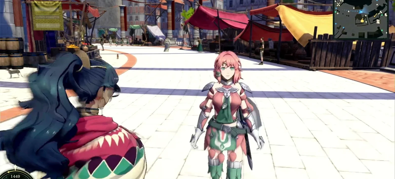 Leda meets Alexandra in the market, with stalls and market paths visible nearby.