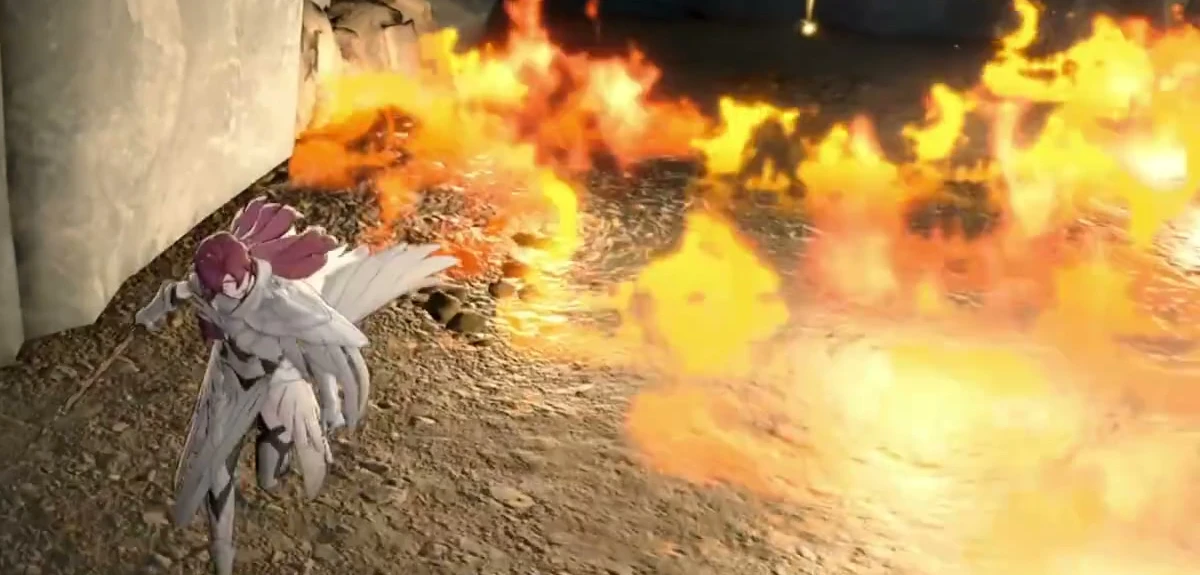 Fire blocks the cave passage, and the character stops in front of it.
