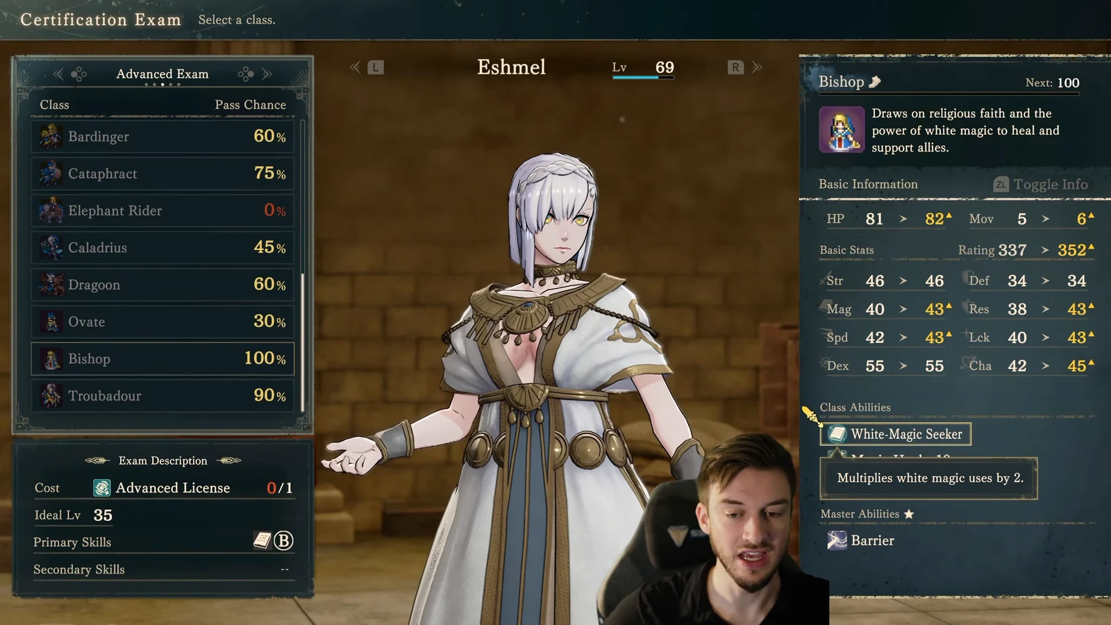 Bishop's doubled white magic uses: the White Magic Seeker tooltip on the right explicitly says “White magic uses ×2.” White Magic B is the exam requirement below left.