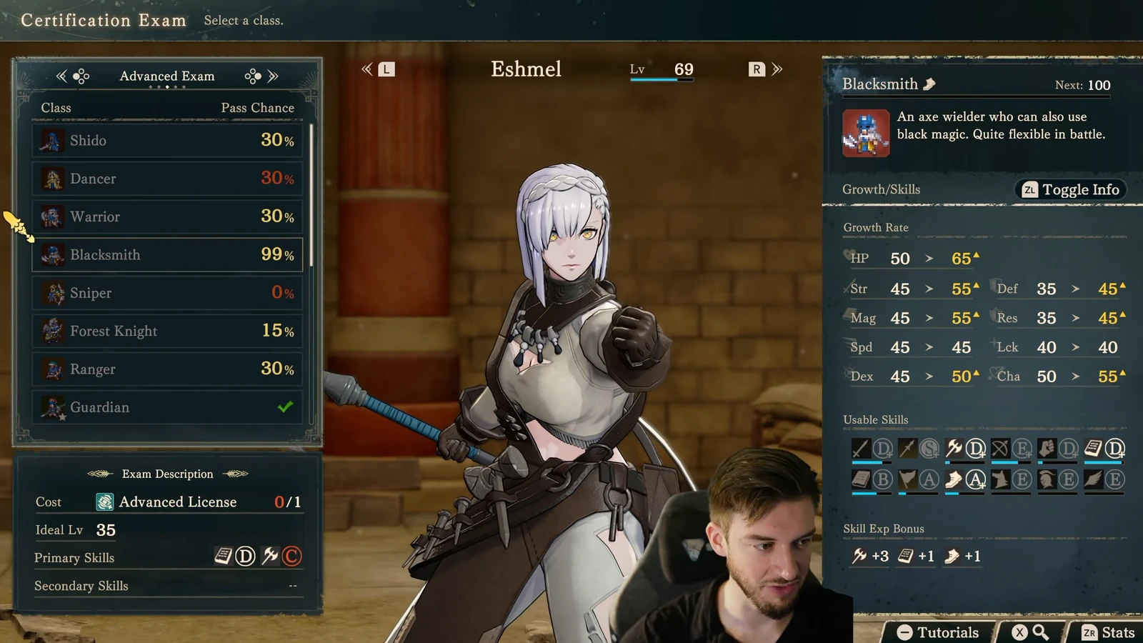 Blacksmith exam and growth screen: Axe C and Black Magic D are both major skills at the lower left. On the right, Strength, Magic, Defense, and Resistance growth each rise by 10 percentage points, while Speed is unchanged.