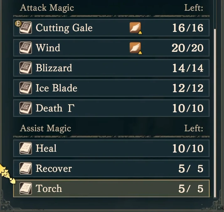ボナパルテの魔法メニュー。トーチの残り回数は5/5で、攻撃魔法と補助魔法それぞれの現在の使用可能回数が並んでいます。