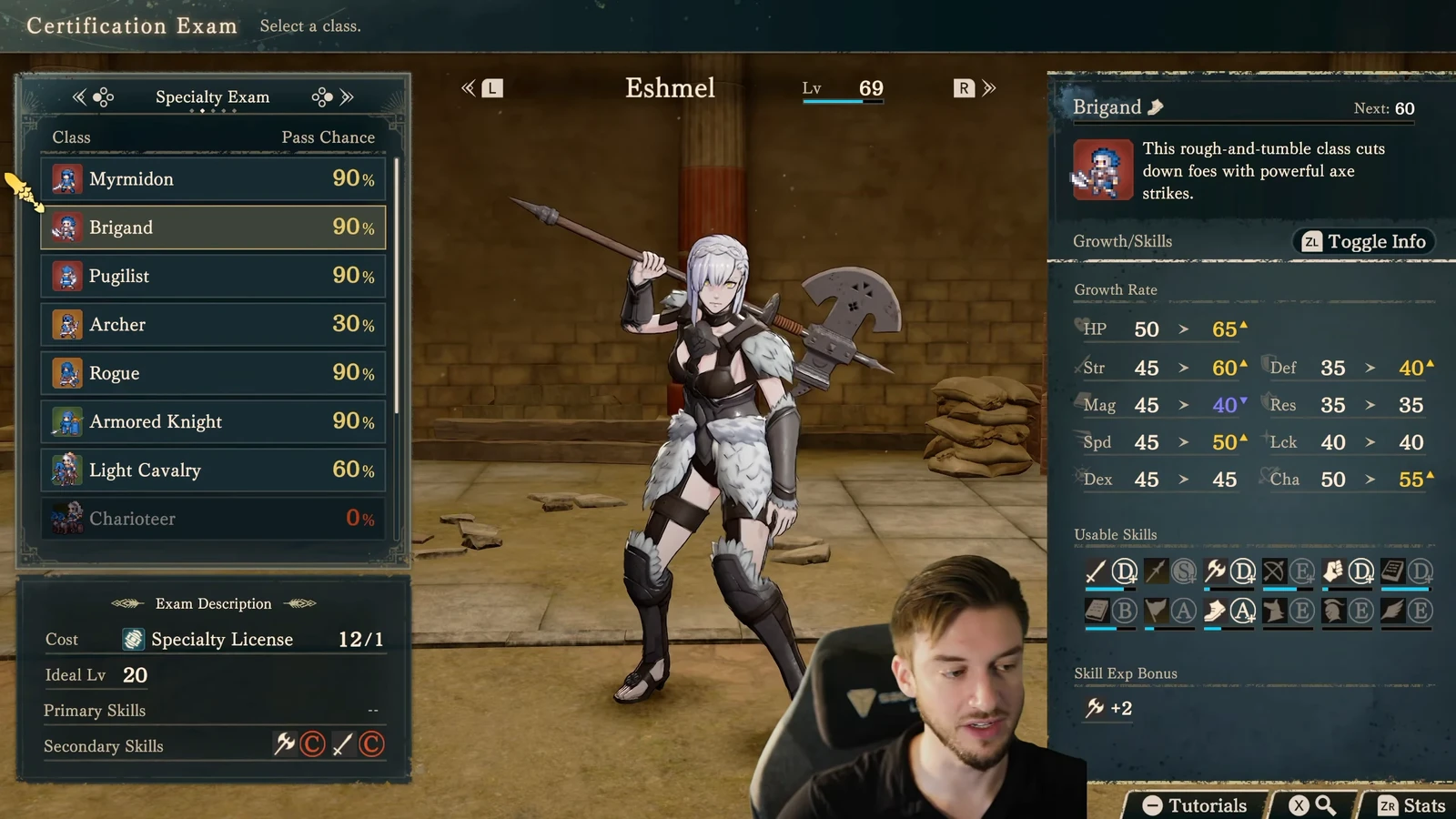 Brigand growth screen: HP rises from 50 to 65 and Strength from 45 to 60 on the right. Axe C and Sword C appear as alternative skills at the lower left.