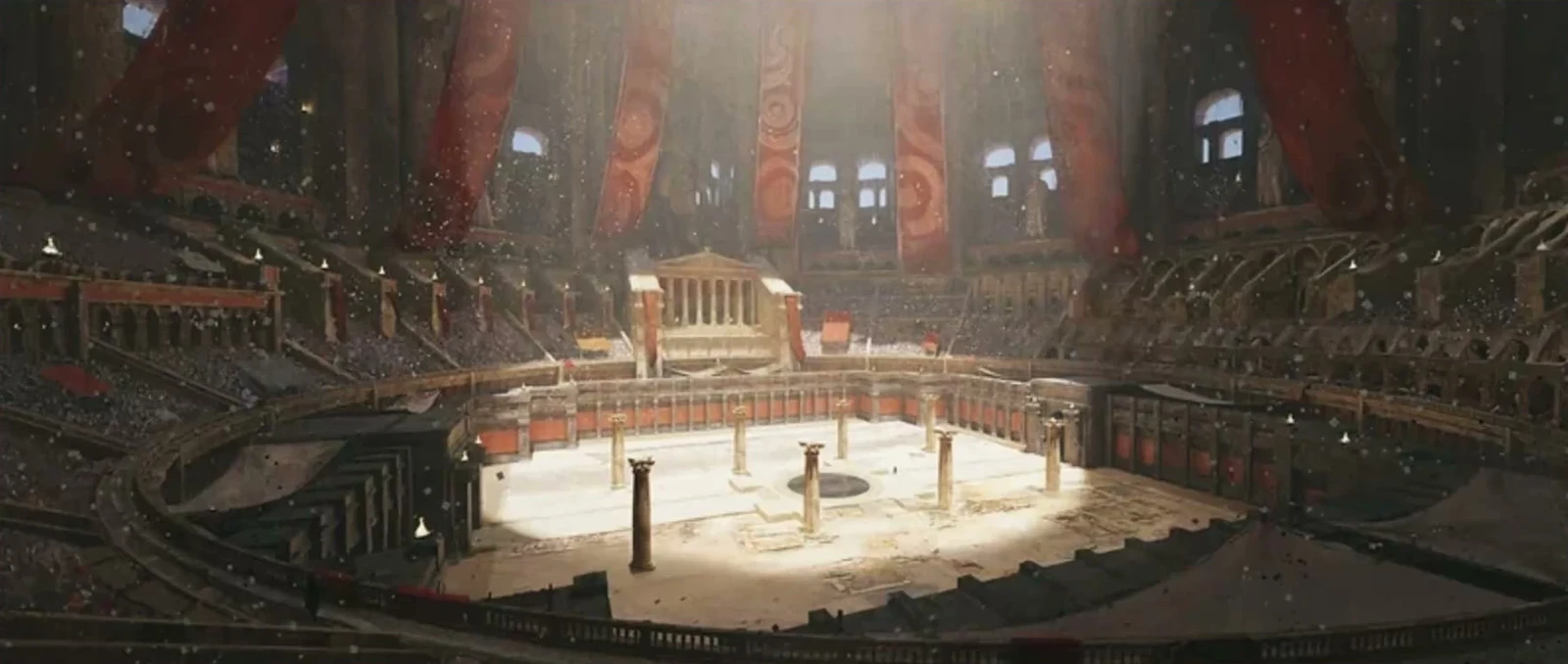 The game's circular arena interior as shown in the original video, with ring-shaped stands and the central competition area visible.