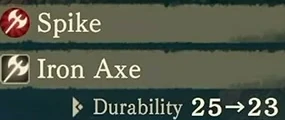 The Spike and Iron Axe selection shows weapon durability falling from 25 to 23.