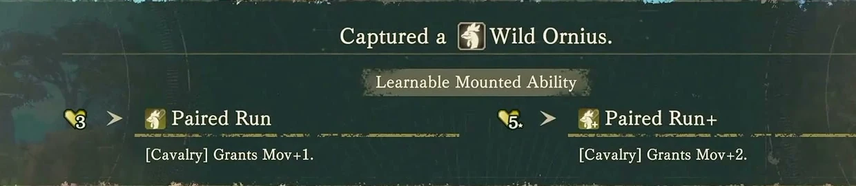 The riding-skill preview when capturing a wild Ornius: bond levels 3 and 5 correspond to two Movement bonuses.