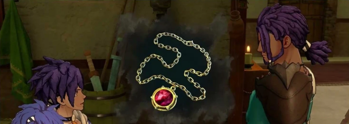 A ruby pendant appears in the center of the screen while Cai talks with his father.