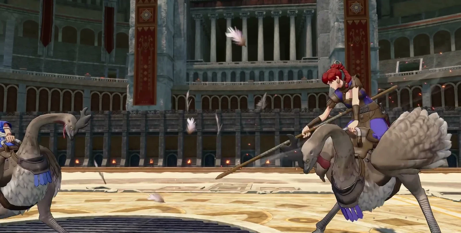 Pre-tournament training: two characters ride large birds and practice spears in the arena.