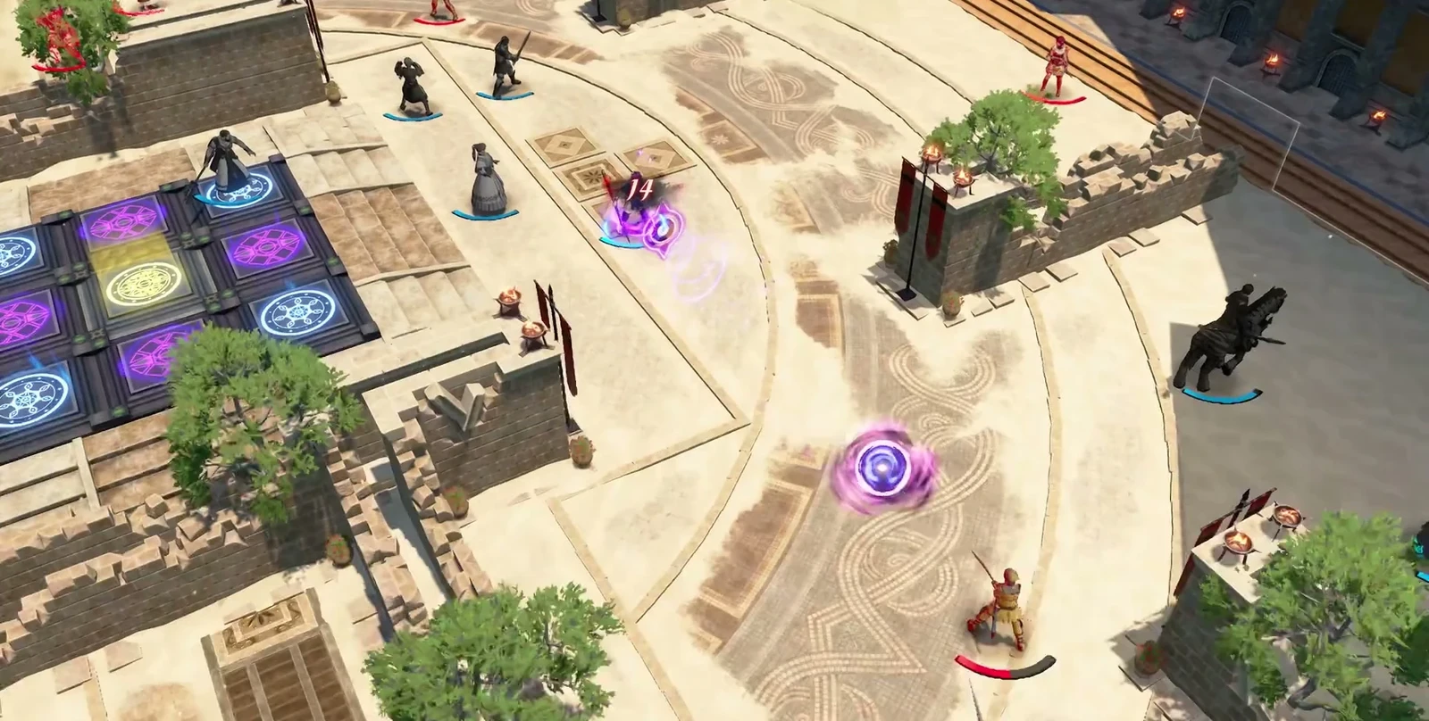 A special-move demonstration shows a purple orb and damage numbers in the arena, with allied and enemy positions together.