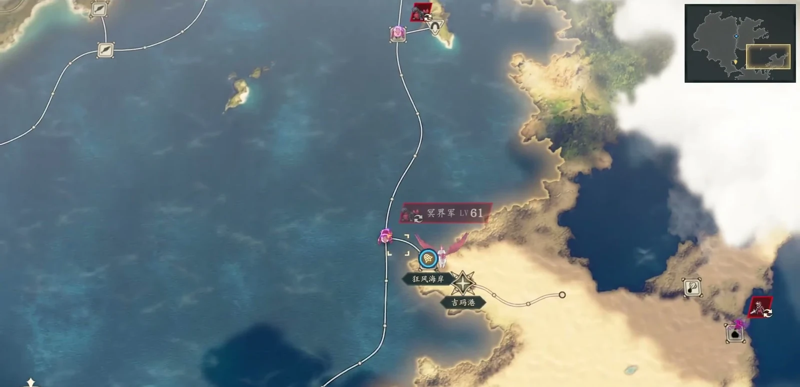 The long branching road near Gale Coast and Shama Port helps check expedition distances on the queen’s route.