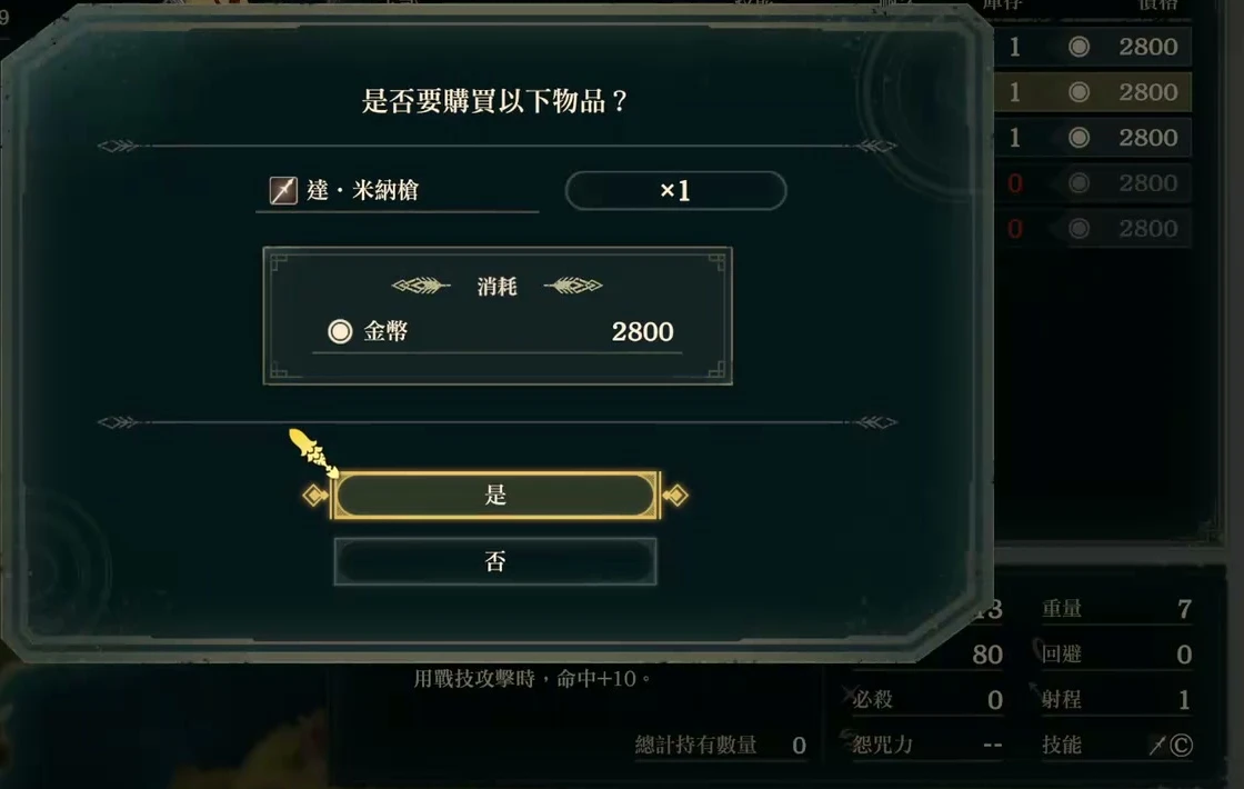 The Da Mina Spear purchase confirmation lists a price of 2800 gold. The item panel at the lower right still shows the Spear C requirement.