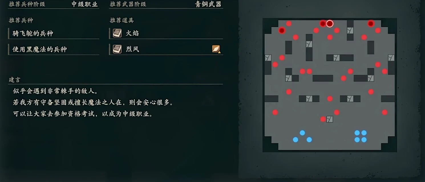 Pre-battle intelligence lists recommended classes, bronze weapons, Fire, and Wind together, with enemy and allied positions shown at right.