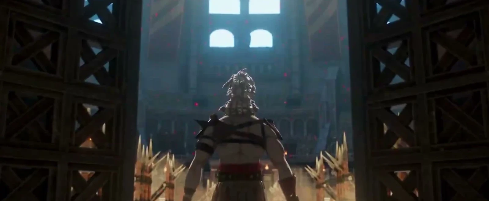 Dark markings are visible on the face and upper body of a light-haired, armored character.