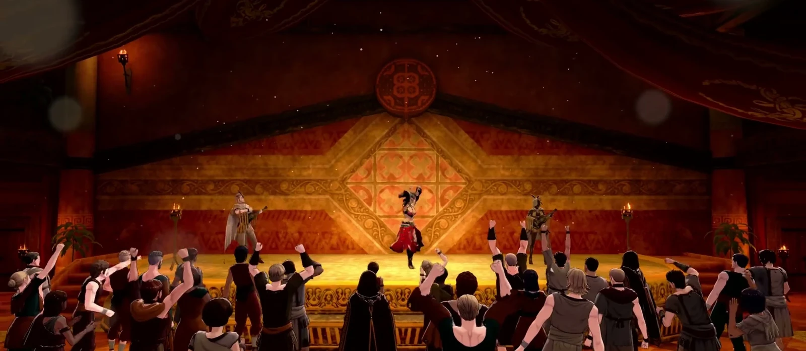Leda performs on a town stage as the crowd cheers.