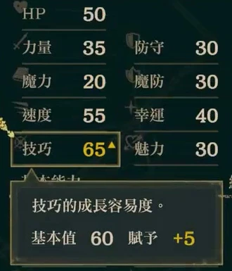 ピーテルの技成長は65で、説明欄には基本値60と付与+5に分けて表示されています。
