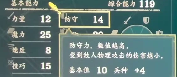 重装歩兵での守備は14です。説明欄では基礎値10と兵種補正4に分かれています。