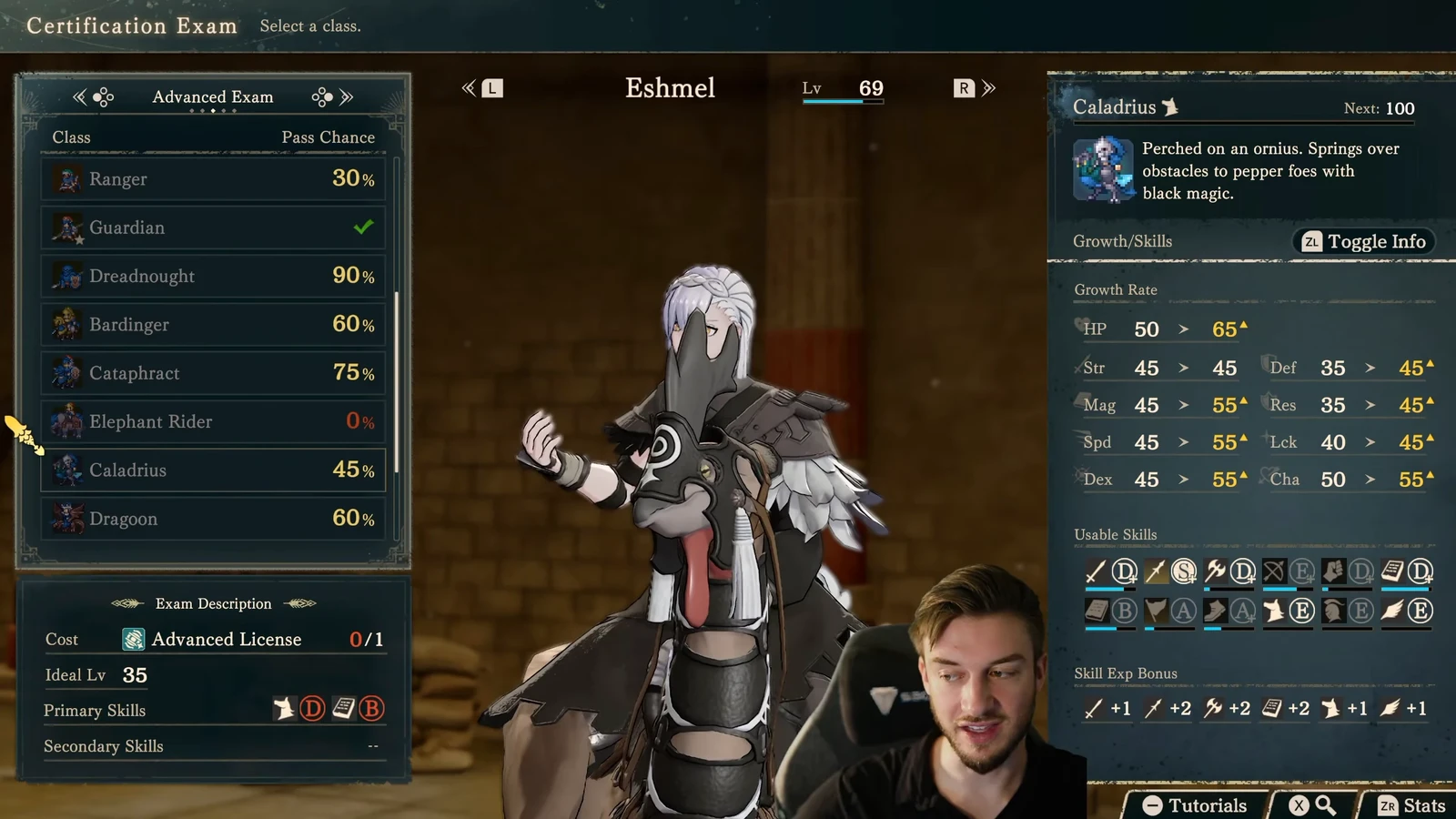 Caladrius growth screen: Magic, Speed, Defense, and Resistance rise by 10 percentage points on the right, while Strength stays at 45. Riding D and Black Magic B appear at the lower left.