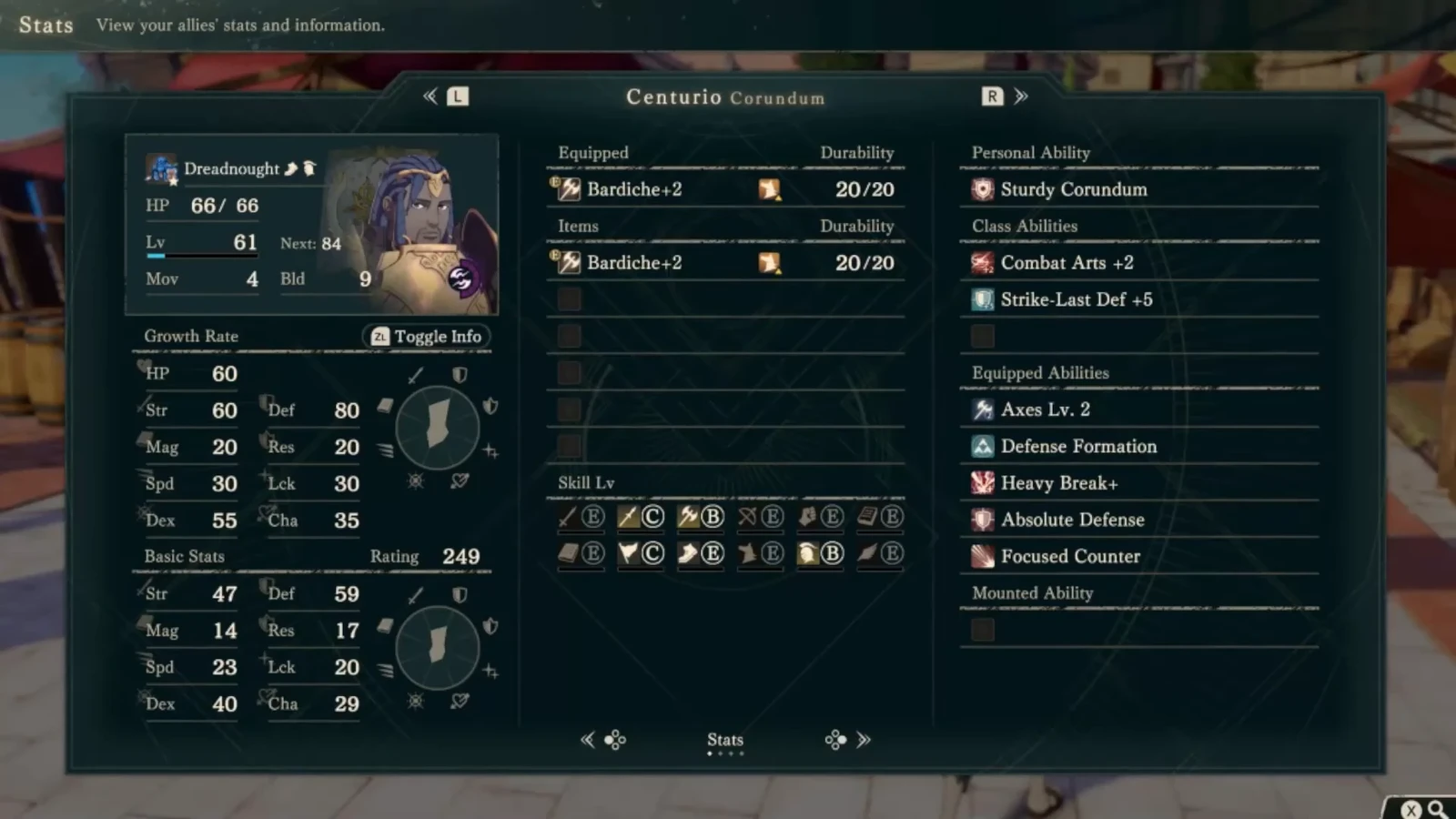 Centurio's armored status shows Movement 4, Defense 59, and Resistance 17 together. Personal, class, and equipped abilities are separate on the right. Check later incoming damage beyond the first-combat reduction.