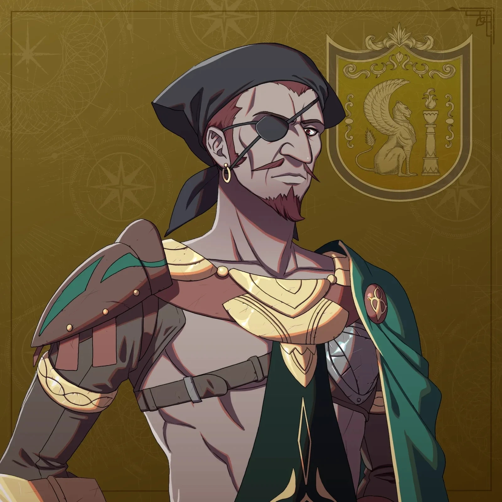 Bonaventure’s early bust portrait: a black soft cap, an eyepatch, and a brown-and-green shawl.