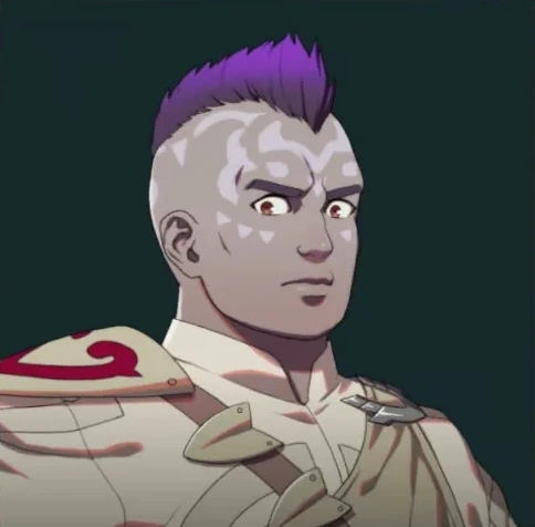 Dadao’s early bust portrait: short purple hair, white facial markings, and a pale scarf.